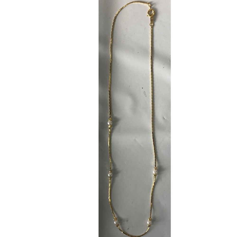 Gold Tone Snake Chain Necklace with Faux Pearl Accents 17.5 Inch Lobster Claw